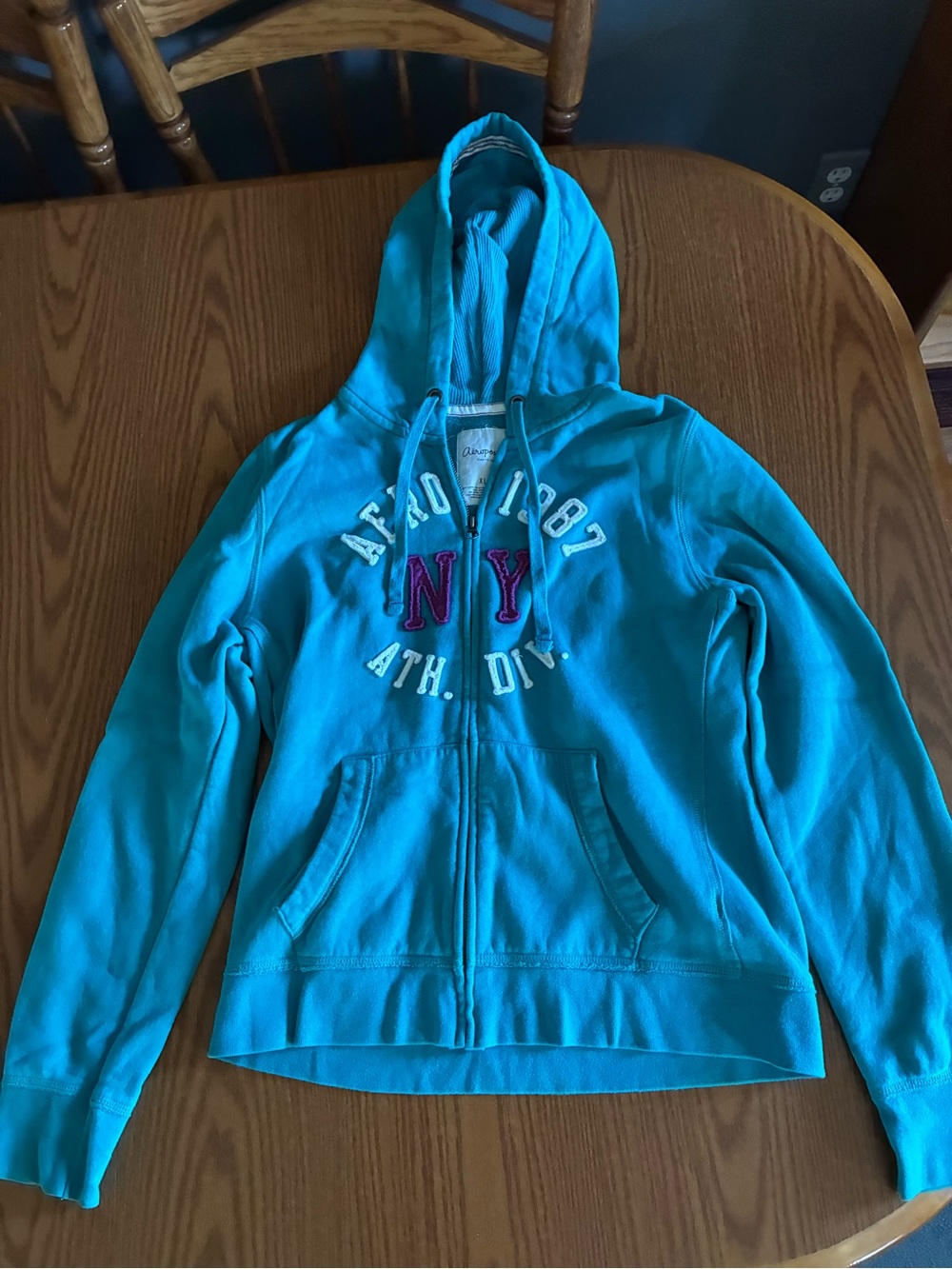 Aeropostale Teal Blue Zip-Up Hoodie with Pink NY Patch